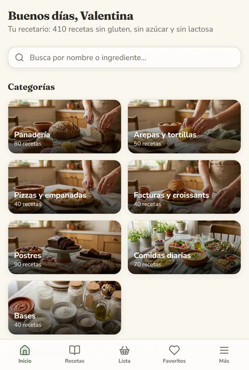 Pantalla de inicio de la app PanSereno con las 7 categorías de recetas y fotos
