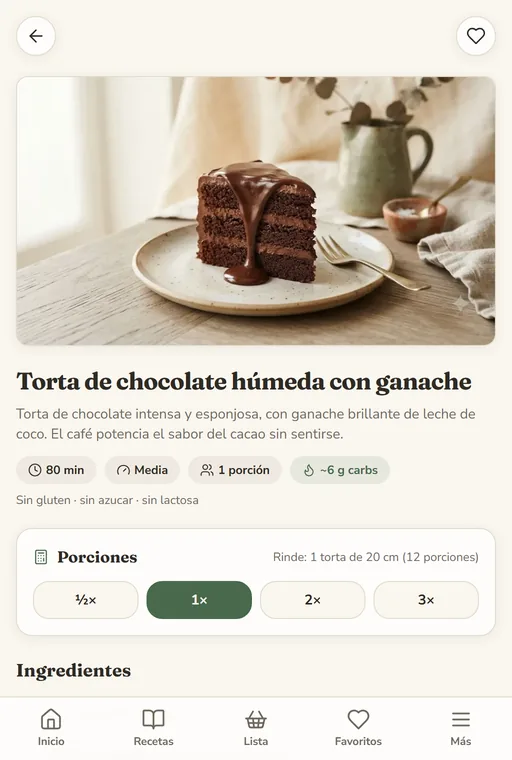 Receta en la app con foto, calculadora de porciones y carbohidratos