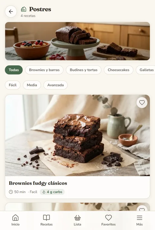Categoría de postres en la app con recetas y fotos reales de cada plato