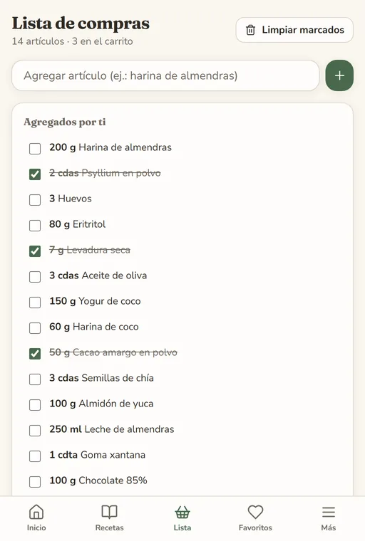 Lista de supermercado automática de la app PanSereno
