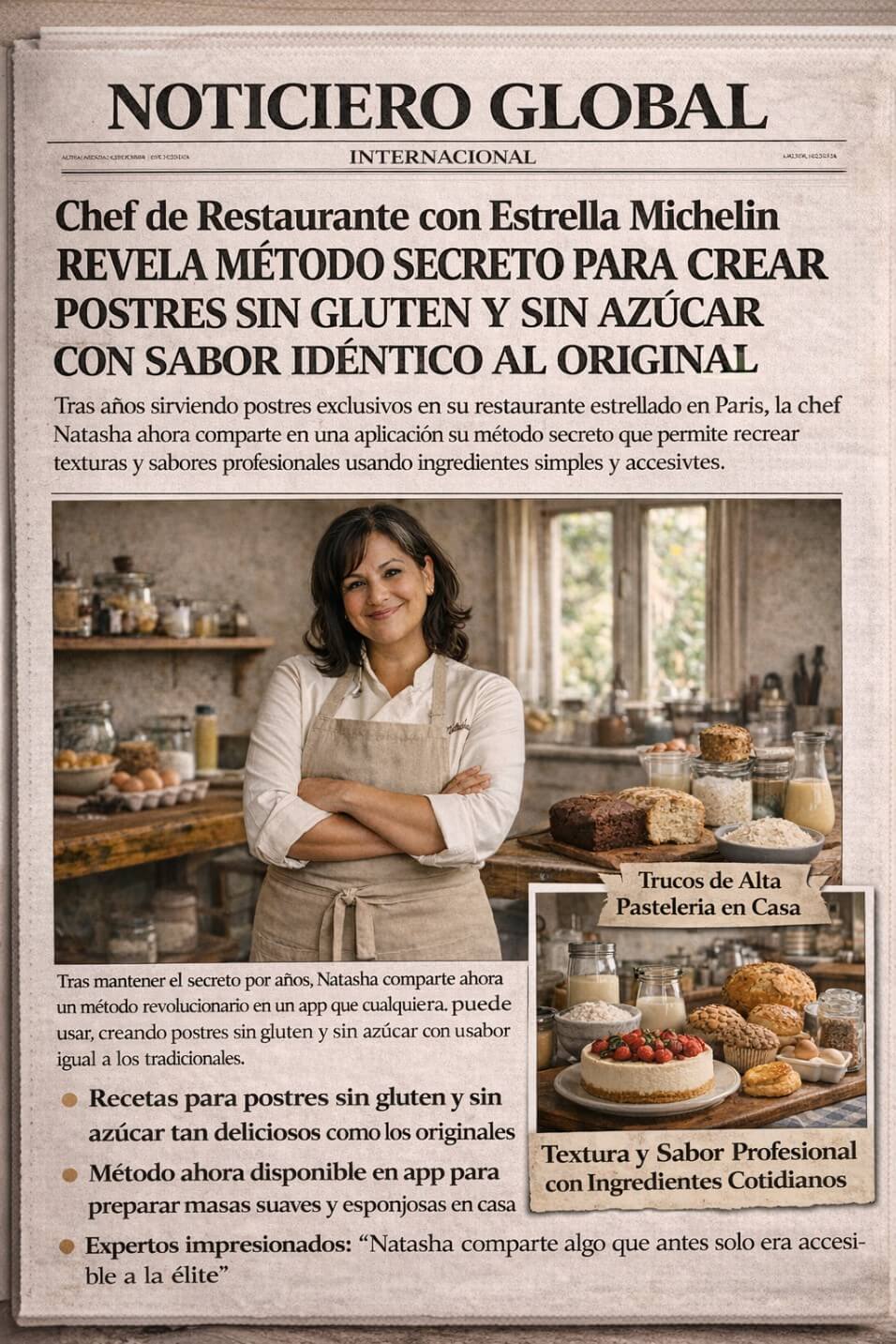 Recorte de prensa sobre el método de postres sin gluten y sin azúcar de la chef Natasha